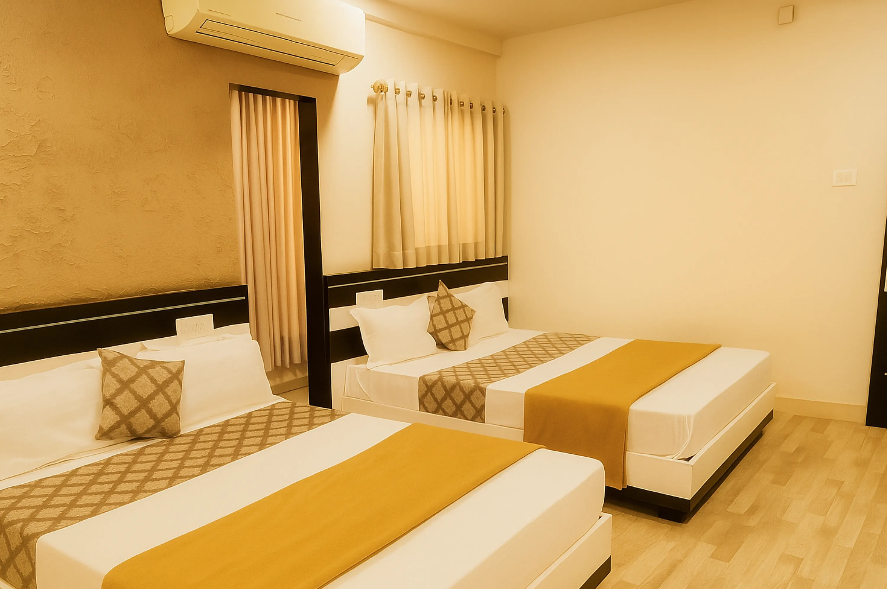 Affordable four bed non AC family room at Hotel Vrajbhoomi Somnath, perfect for budget travelers.